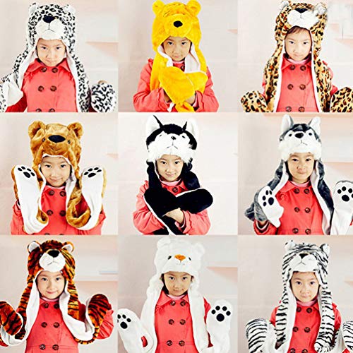 TONWHAR Cartoon Animal Hood Hoodie Hat with Attached Scarf and Mittens – Soft Plush Fleece One Size for Kids and Adults