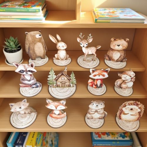 Toosunny 12-Piece Woodland Animal Figurines Set – Rustic Wooden Table Signs for Forest-Themed Party Centerpieces, Baby Shower, Birthday, Camping