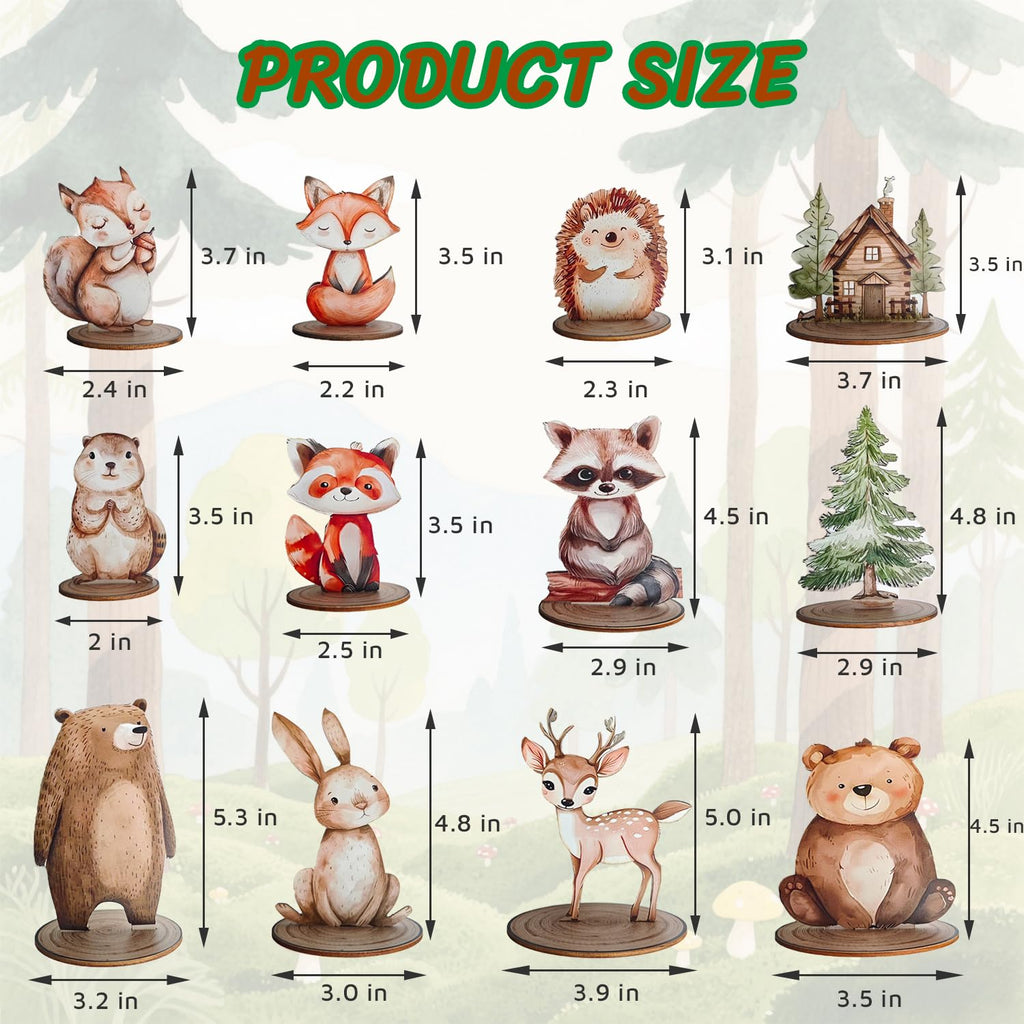 Toosunny 12-Piece Woodland Animal Figurines Set – Rustic Wooden Table Signs for Forest-Themed Party Centerpieces, Baby Shower, Birthday, Camping