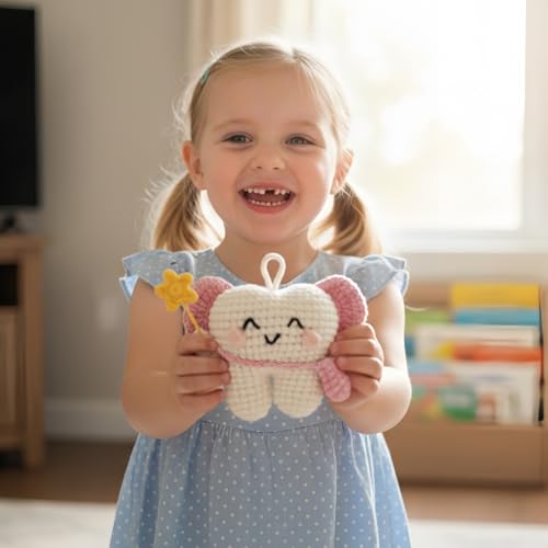 Tooth Fairy Crochet Plush with Detachable Tooth Pouch & Key Ring – Pink