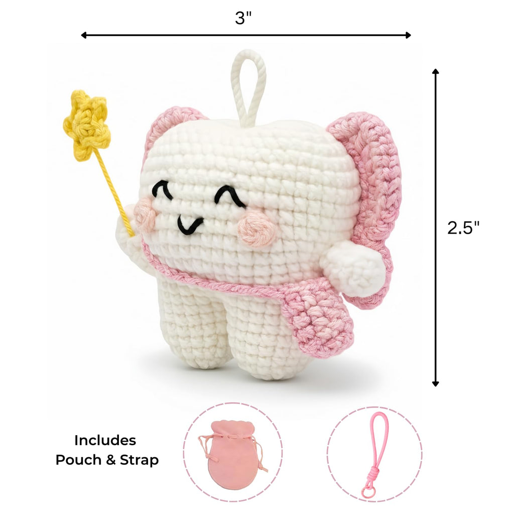 Tooth Fairy Crochet Plush with Detachable Tooth Pouch & Key Ring – Pink
