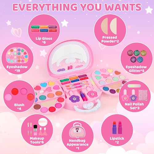 Topsolid Kids Makeup Set – Washable 19 Eye Shadows & 6 Lip Glosses with Handbag Mirror