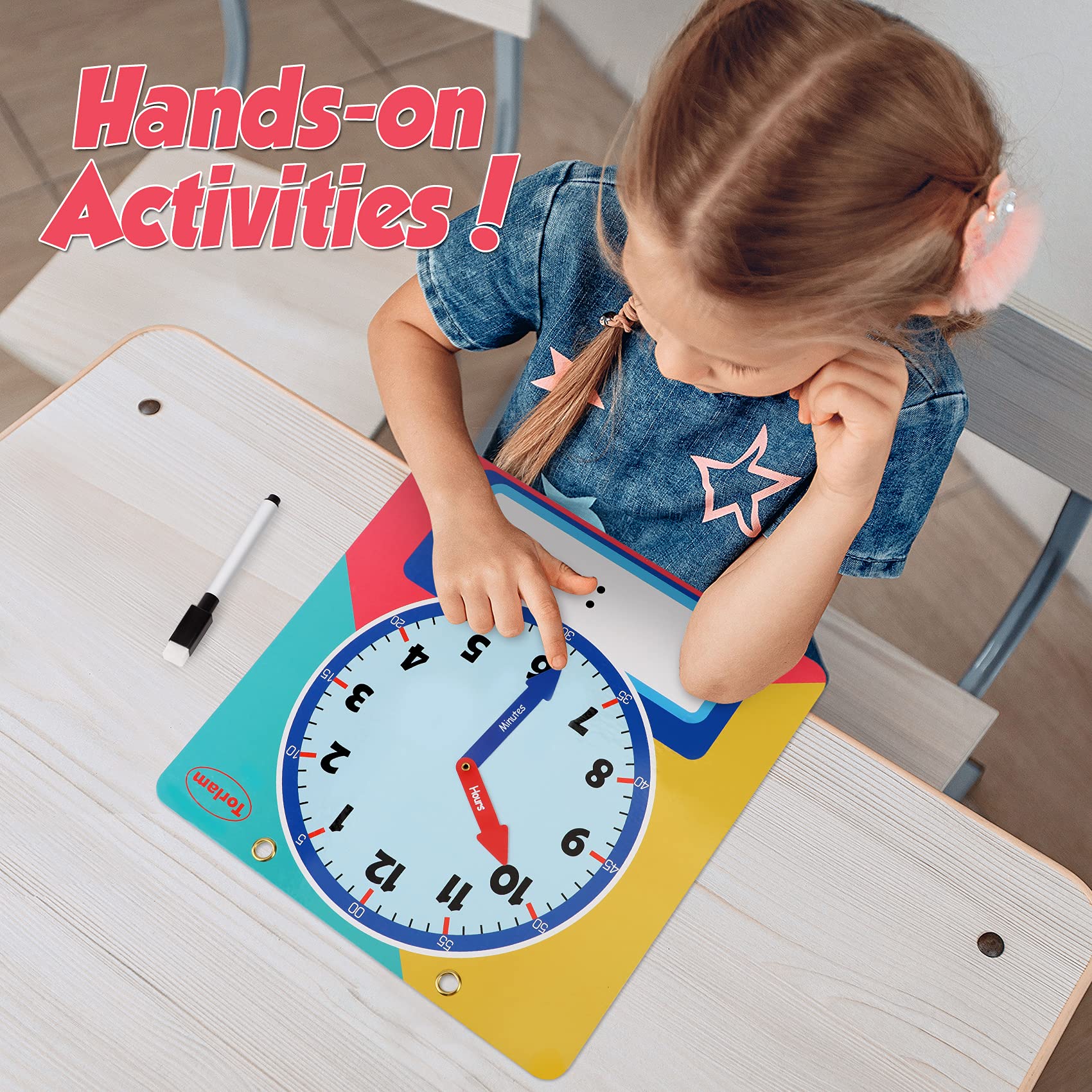 Torlam Magnetic Write & Wipe Learning Clock – 12" Rainbow Teaching Clock for Kids