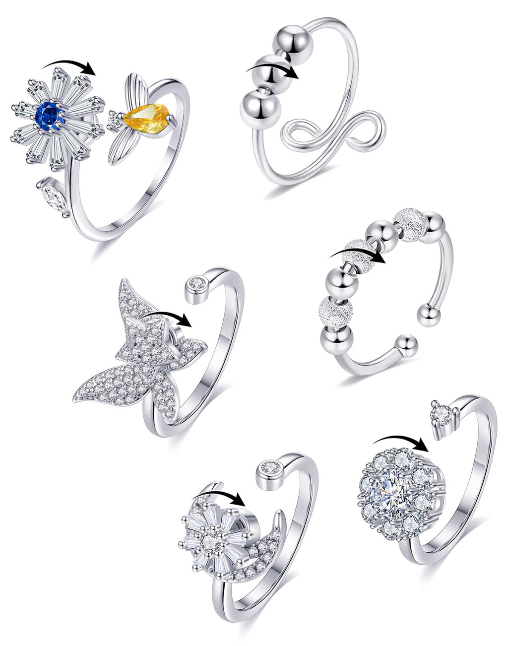 Tornito 6-Piece Fidget Spinner Ring Set - Adjustable Anxiety Rings with Cubic Zirconia in Silver & Gold Tone