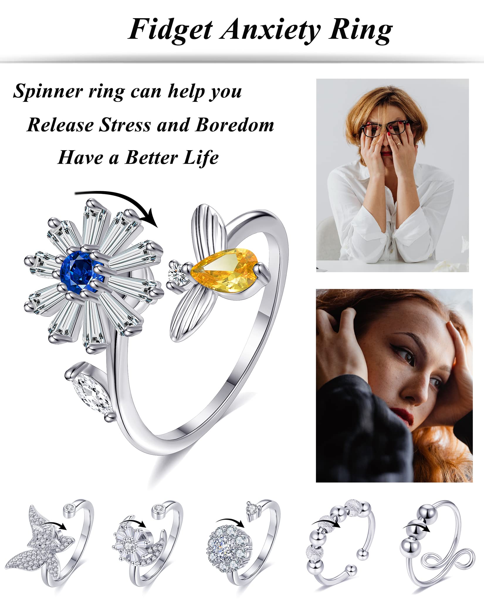 Tornito 6-Piece Fidget Spinner Ring Set - Adjustable Anxiety Rings with Cubic Zirconia in Silver & Gold Tone