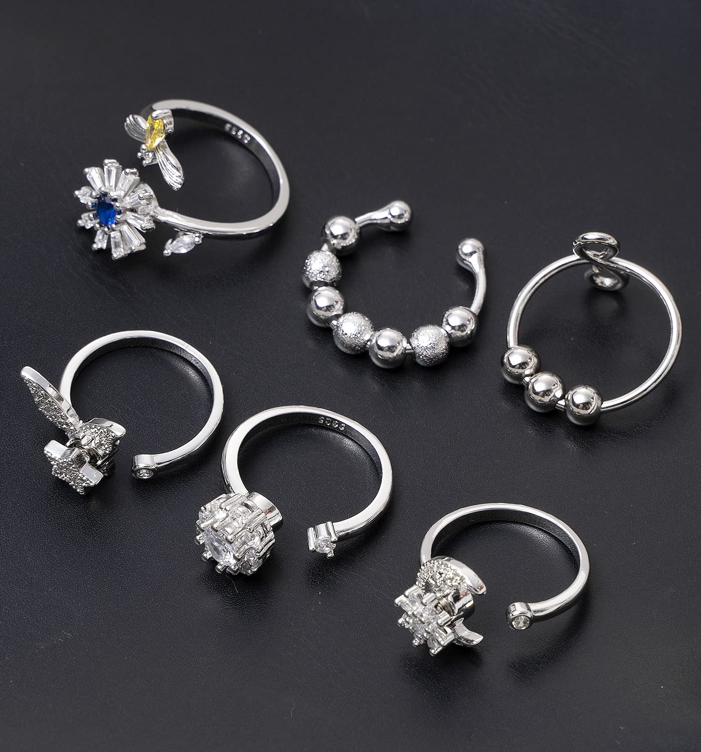 Tornito 6-Piece Fidget Spinner Ring Set - Adjustable Anxiety Rings with Cubic Zirconia in Silver & Gold Tone
