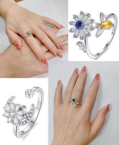 Tornito 6-Piece Fidget Spinner Ring Set - Adjustable Anxiety Rings with Cubic Zirconia in Silver & Gold Tone