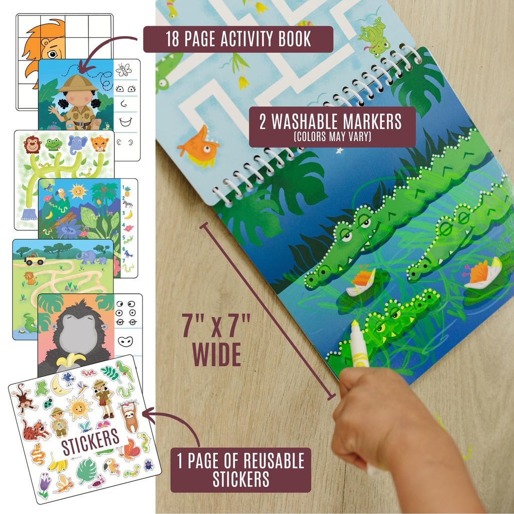 Totebook Dry Erase Activity Book for Kids Ages 4-6 – Jungle Theme with 18 Reusable Games, Markers & Stickers