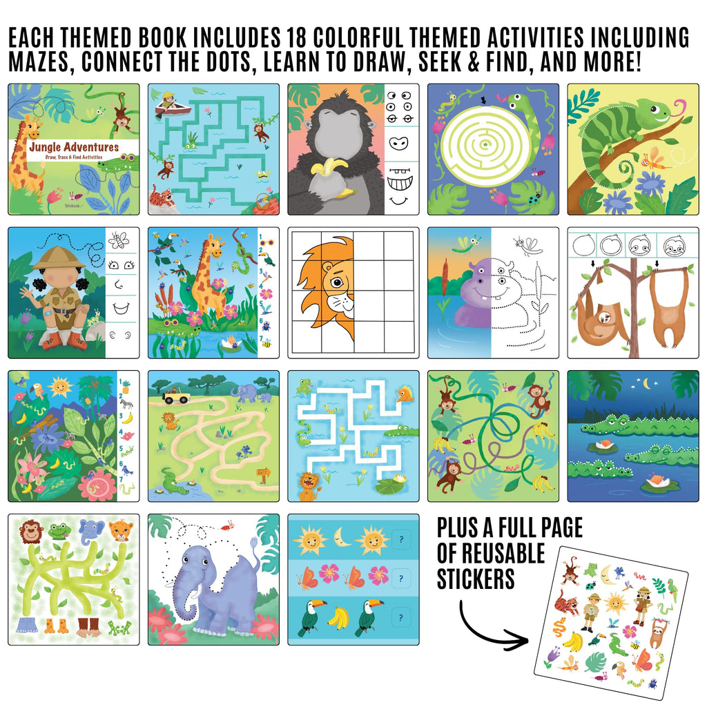 Totebook Dry Erase Activity Book for Kids Ages 4-6 – Jungle Theme with 18 Reusable Games, Markers & Stickers