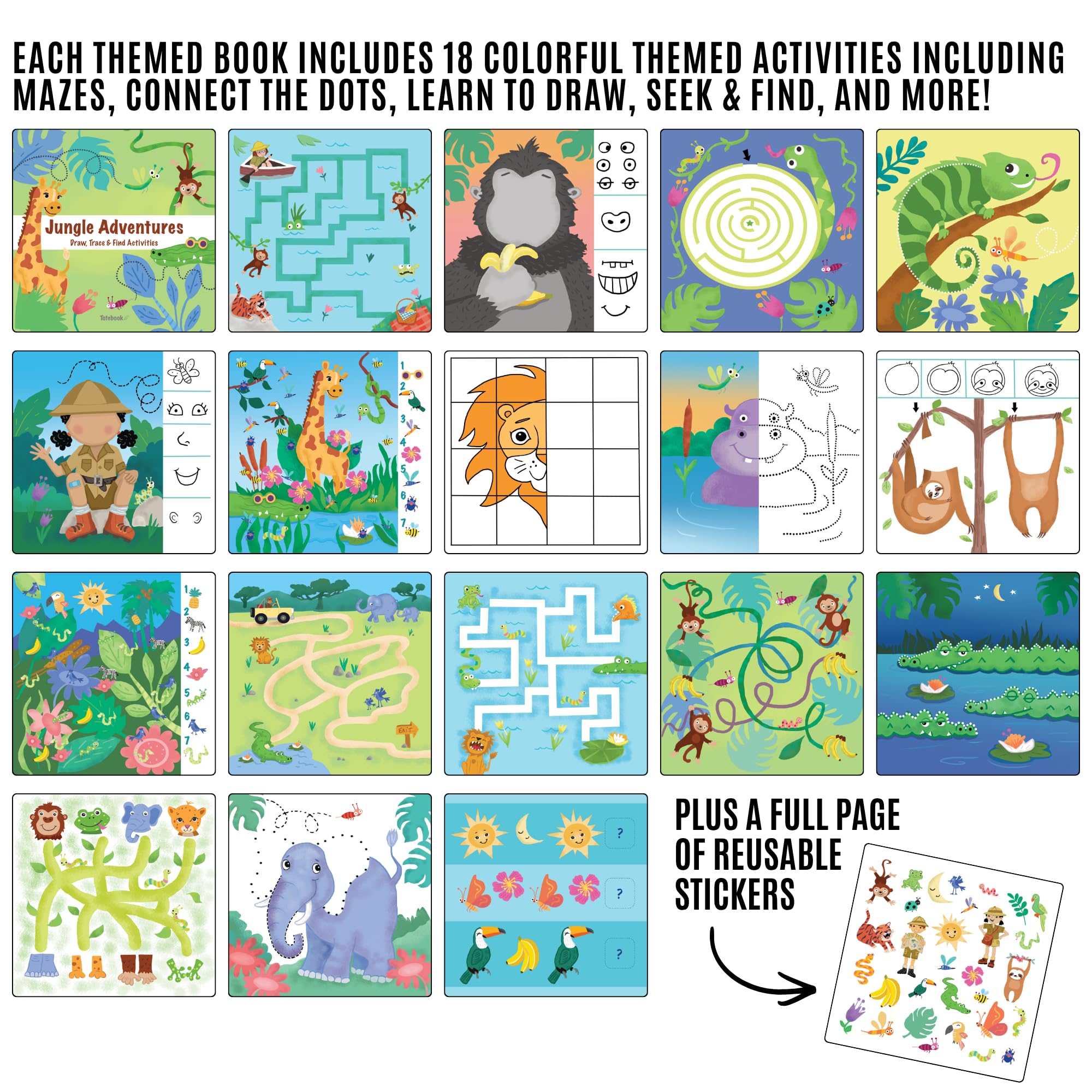 Totebook Dry Erase Activity Book for Kids Ages 4-6 – Jungle Theme with 18 Reusable Games, Markers & Stickers