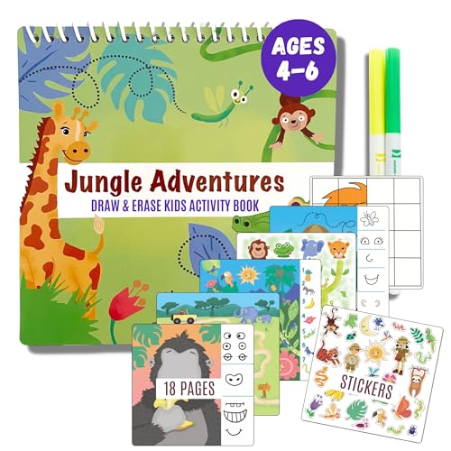 Totebook Dry Erase Activity Book for Kids Ages 4-6 – Jungle Theme with 18 Reusable Games, Markers & Stickers