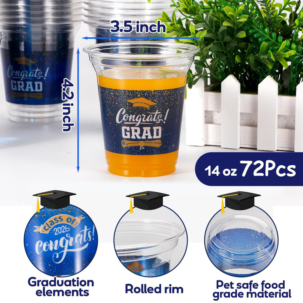 Totstio 72-Pack Graduation Cups 2026 – 14 oz Blue Plastic Disposable Cups for Class of 2026 Party Supplies Decorations