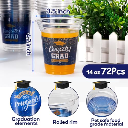 Totstio 72-Pack Graduation Cups 2026 – 14 oz Blue Plastic Disposable Cups for Class of 2026 Party Supplies Decorations