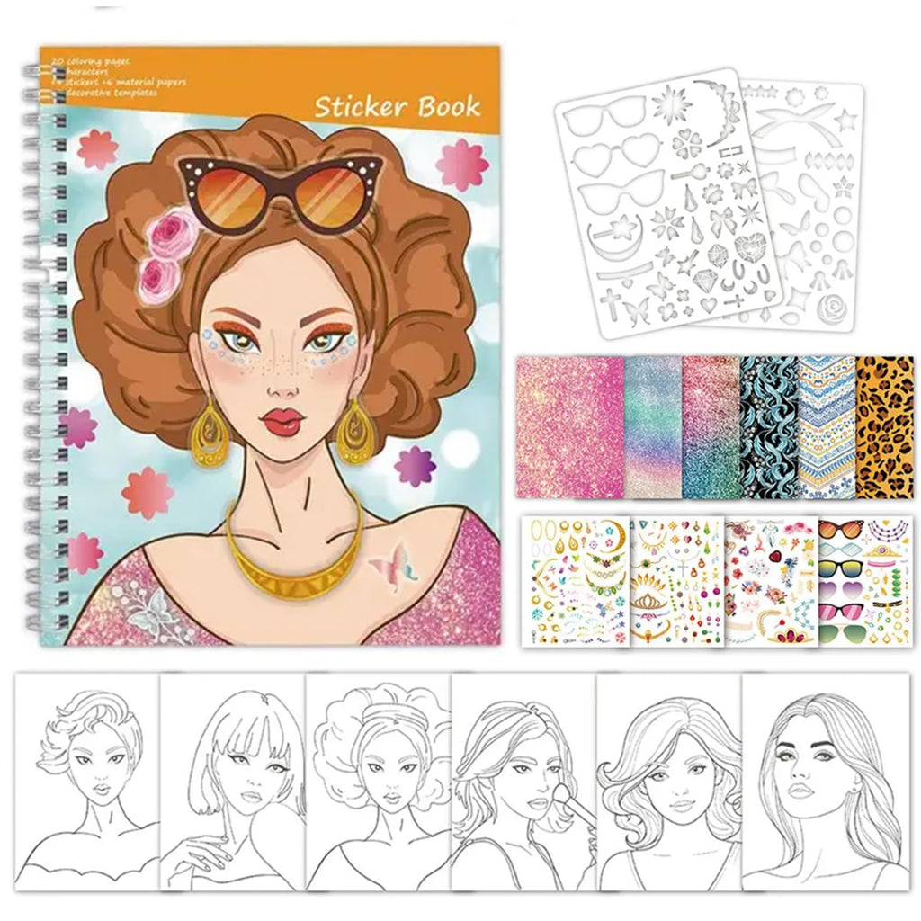 Toulideifaria Coloring Sticker Dress Up Book for Girls - 20 Pages, 4 Stickers, 6 Paper Sheets, Makeup & Hair Style Activities