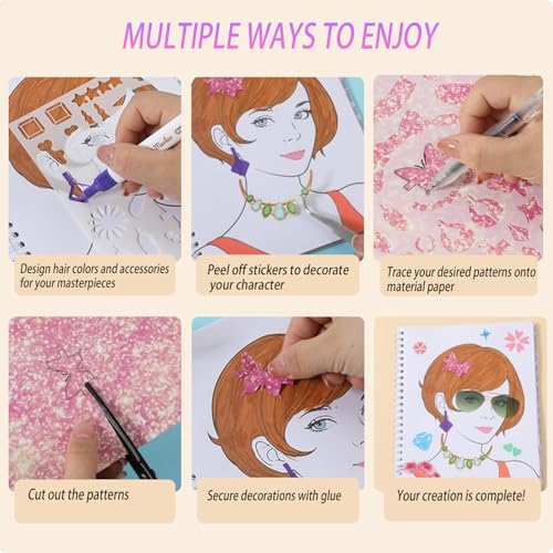 Toulideifaria Coloring Sticker Dress Up Book for Girls - 20 Pages, 4 Stickers, 6 Paper Sheets, Makeup & Hair Style Activities