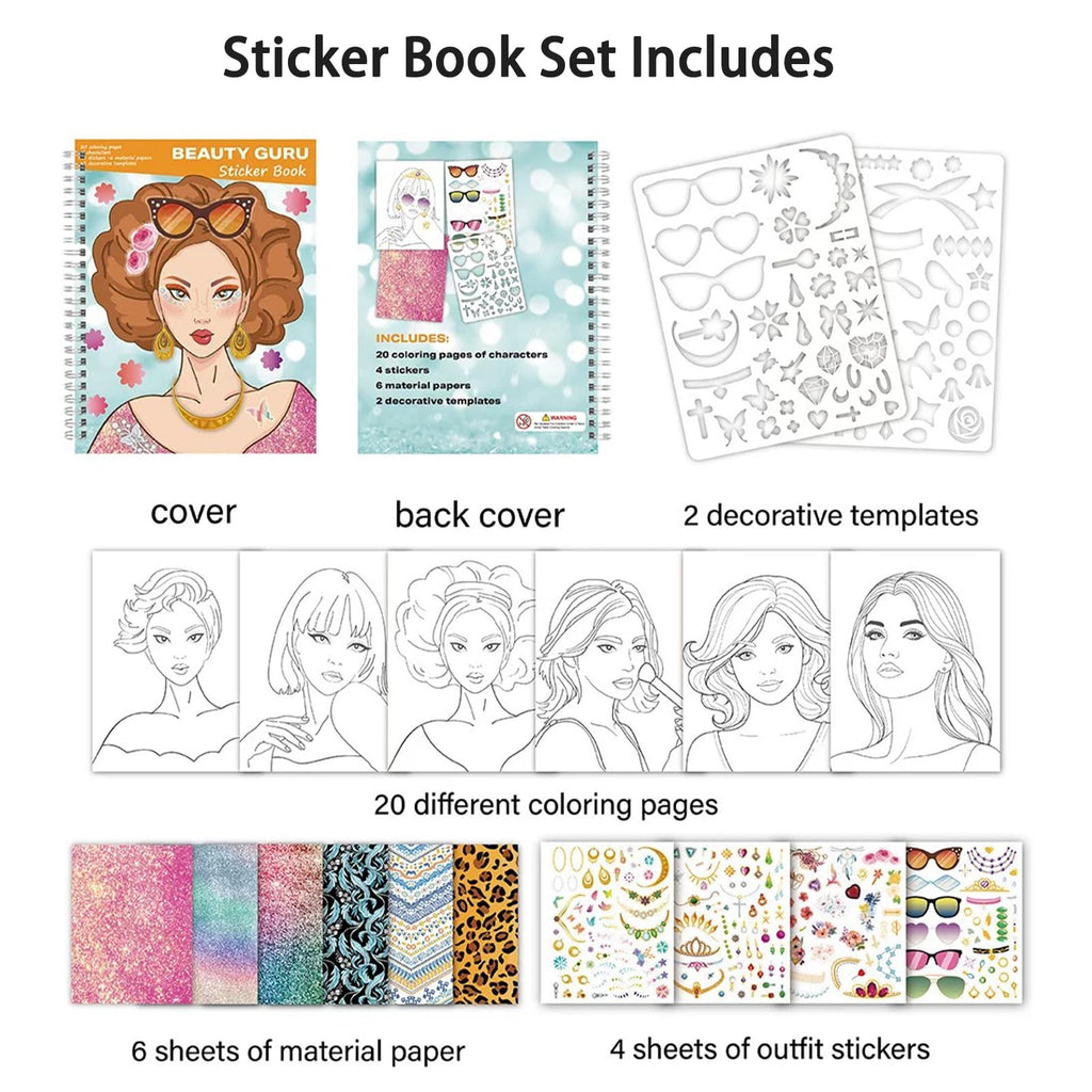 Toulideifaria Coloring Sticker Dress Up Book for Girls - 20 Pages, 4 Stickers, 6 Paper Sheets, Makeup & Hair Style Activities
