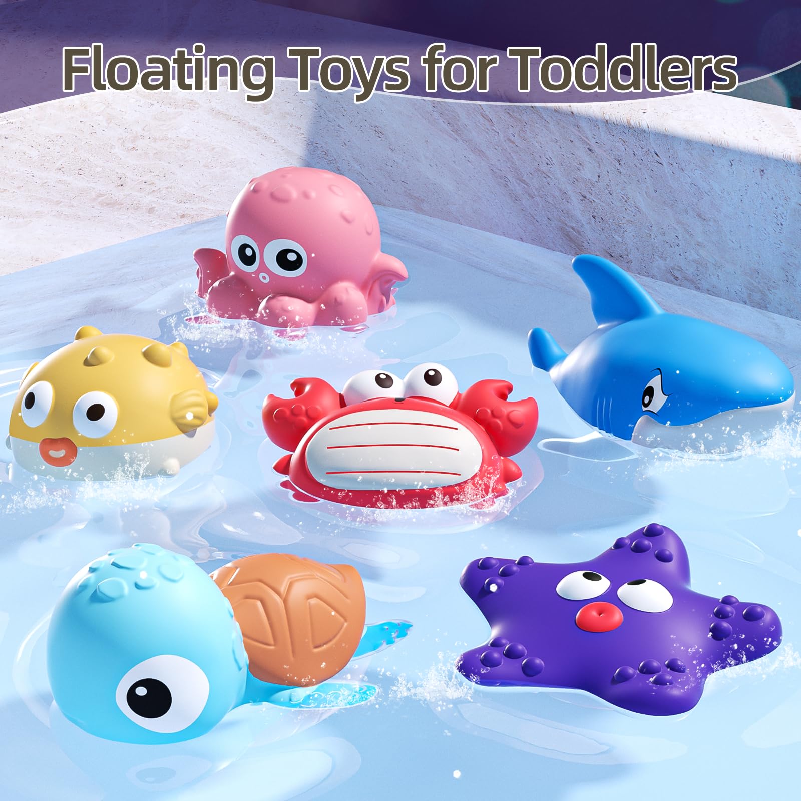 Tovol Zerky No Hole Baby Bath Toys - 6 Pack Marine Animal Bathtub Toys for Toddlers 6+ Months