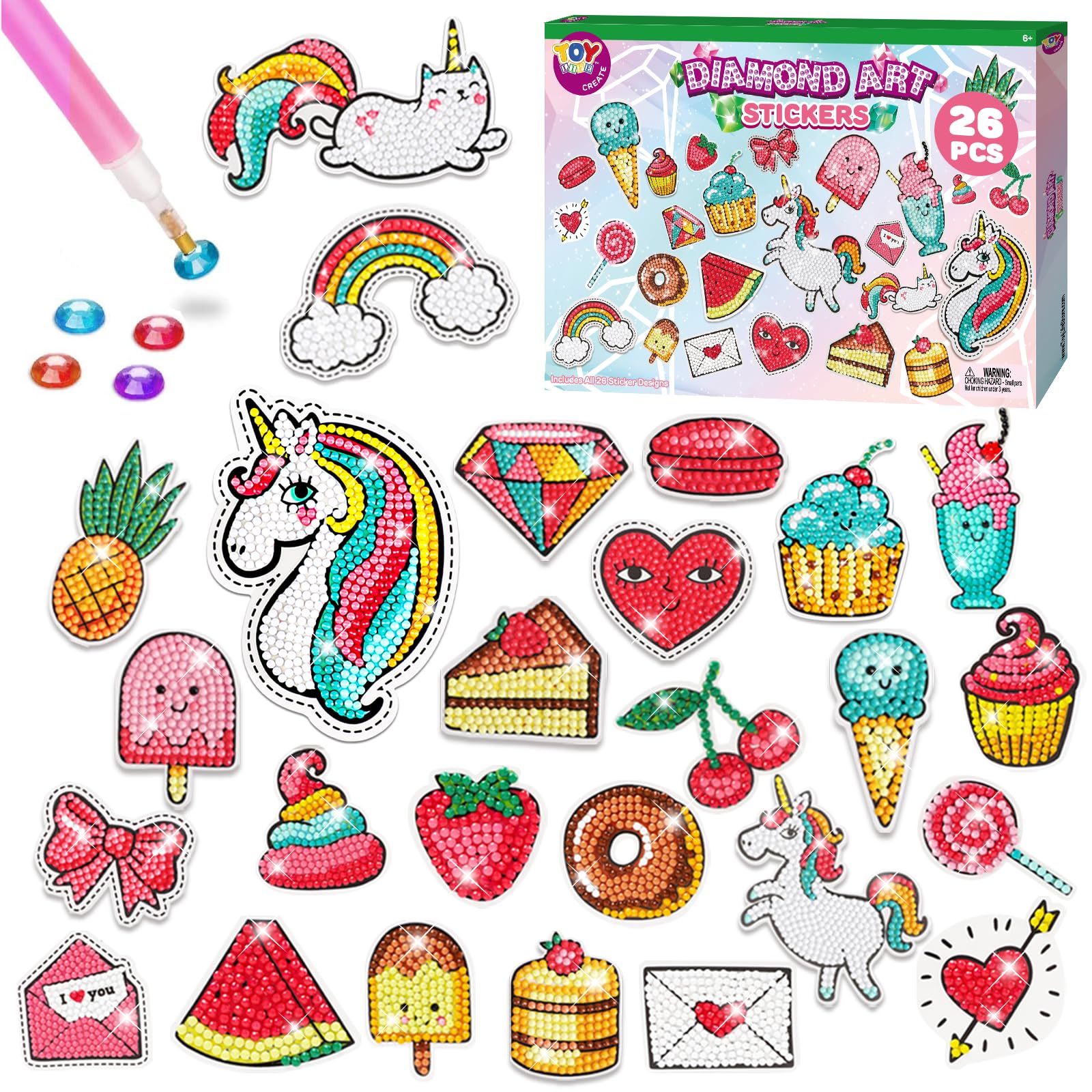 TOY Life Diamond Painting Stickers for Kids – 26 Pack Unicorn Gem Art Crafts for Girls Ages 3-12