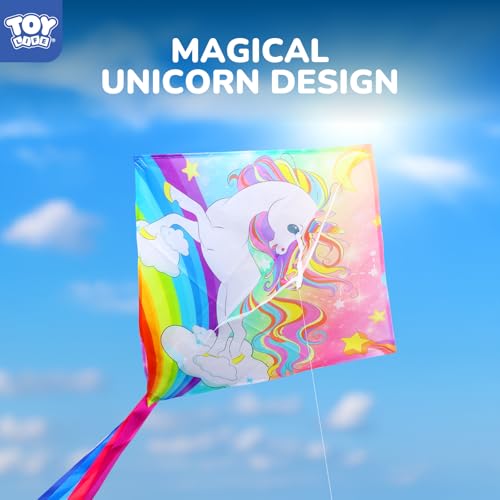 TOY Life Rainbow Unicorn Kite for Kids - Easy to Fly Large Nylon Kite with 50M String - Outdoor Toy for Ages 4-12
