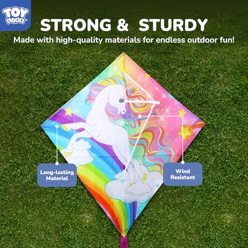 TOY Life Rainbow Unicorn Kite for Kids - Easy to Fly Large Nylon Kite with 50M String - Outdoor Toy for Ages 4-12