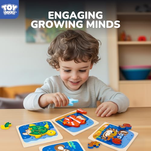 TOY Life Wooden Sea Animal Puzzles for Toddlers 1-3 – Safe, Smooth, and Colorful Learning Toy Set of 4