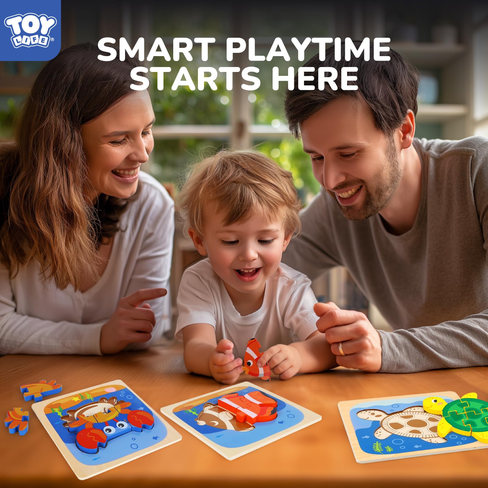 TOY Life Wooden Sea Animal Puzzles for Toddlers 1-3 – Safe, Smooth, and Colorful Learning Toy Set of 4