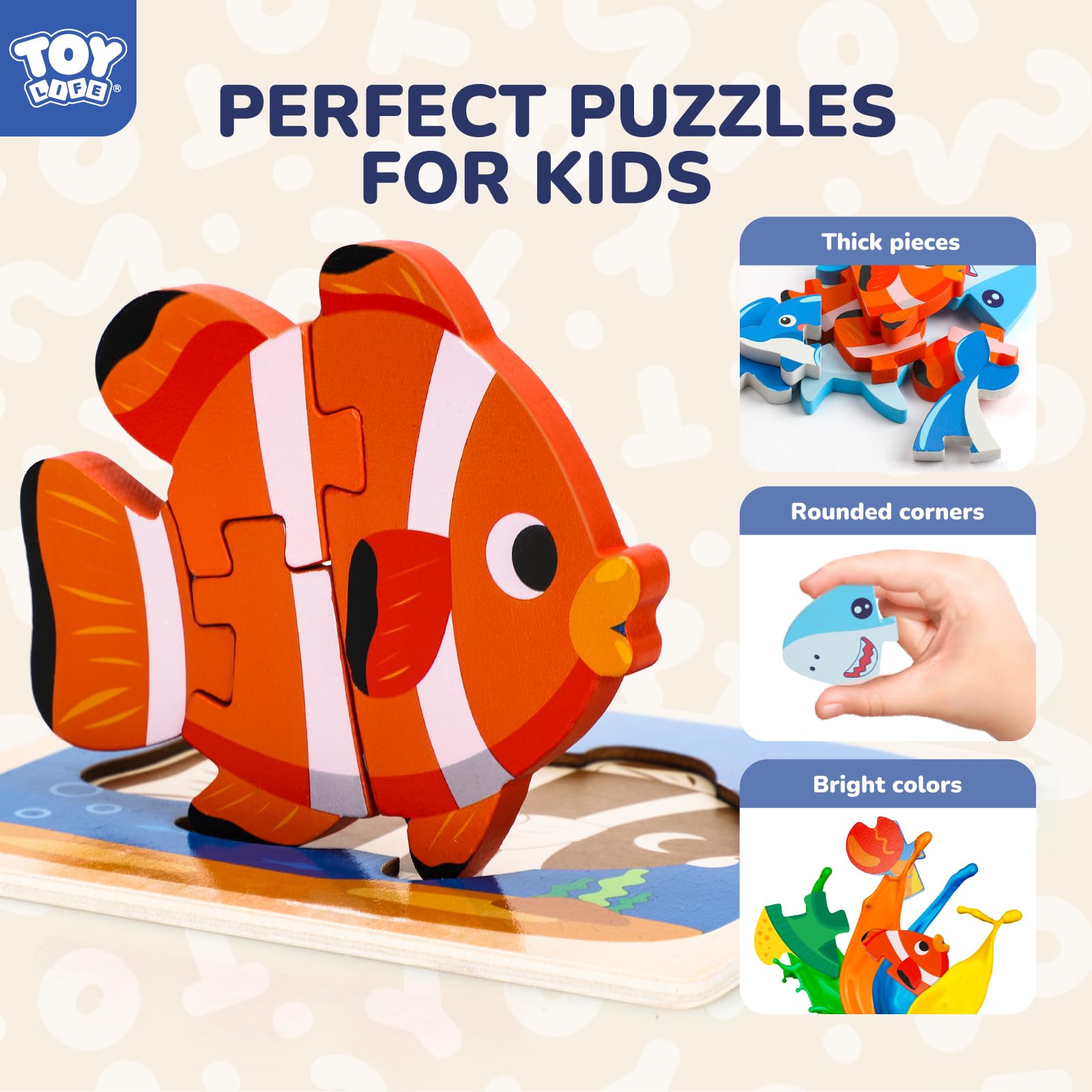 TOY Life Wooden Sea Animal Puzzles for Toddlers 1-3 – Safe, Smooth, and Colorful Learning Toy Set of 4