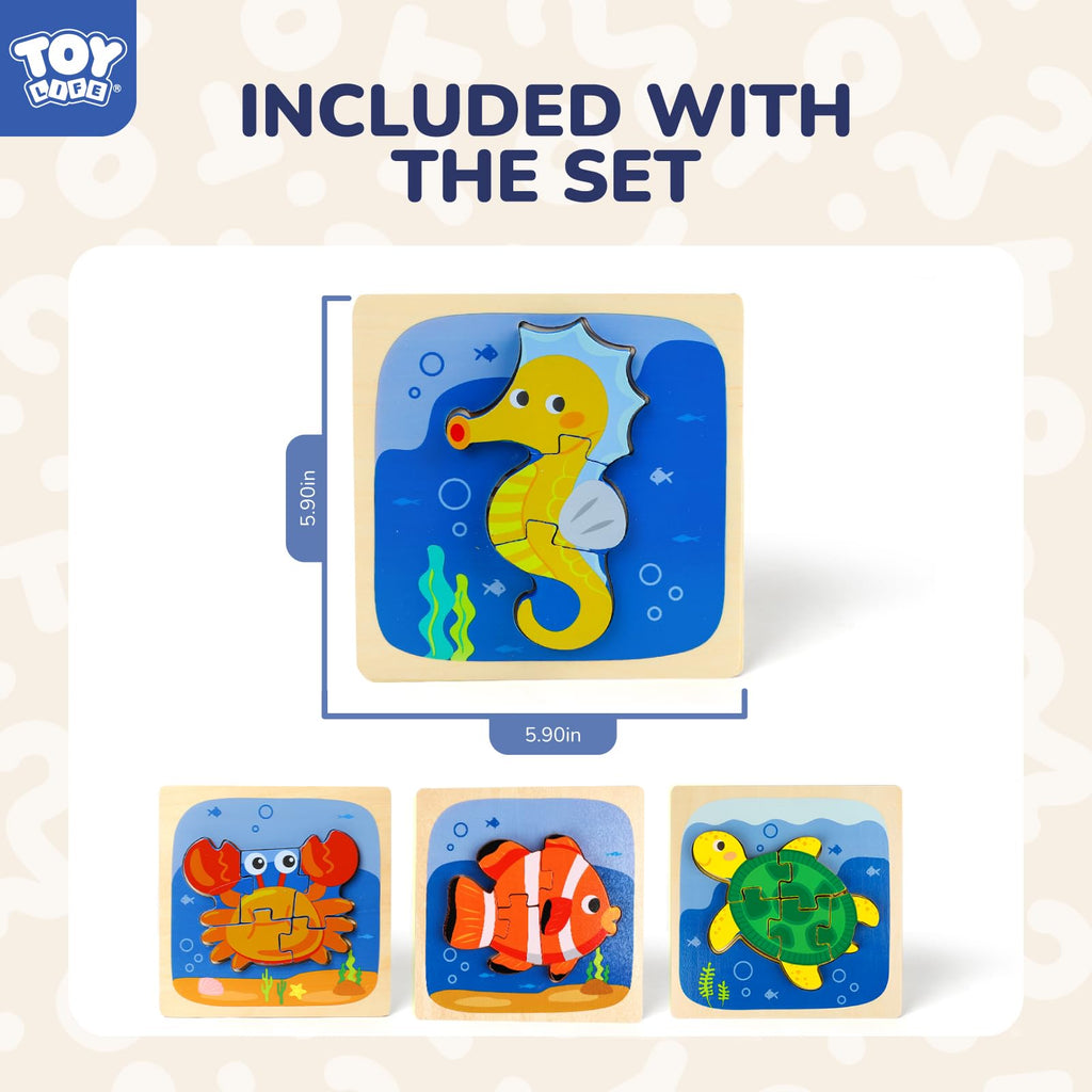 TOY Life Wooden Sea Animal Puzzles for Toddlers 1-3 – Safe, Smooth, and Colorful Learning Toy Set of 4