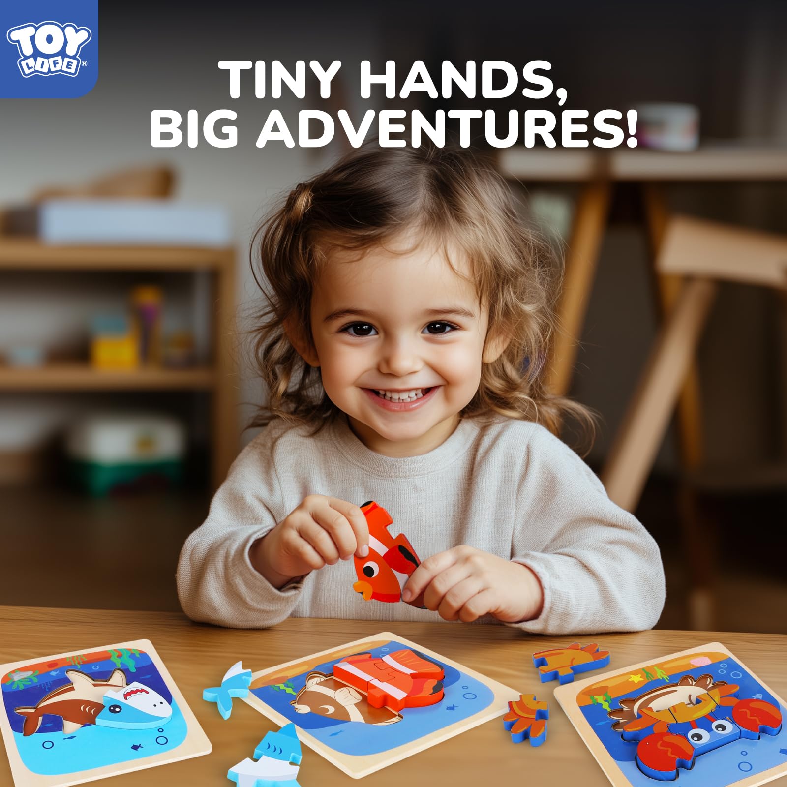 TOY Life Wooden Sea Animal Puzzles for Toddlers 1-3 – Safe, Smooth, and Colorful Learning Toy Set of 4
