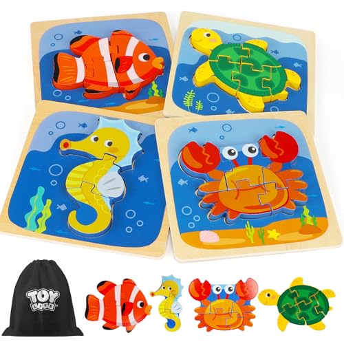 TOY Life Wooden Sea Animal Puzzles for Toddlers 1-3 – Safe, Smooth, and Colorful Learning Toy Set of 4