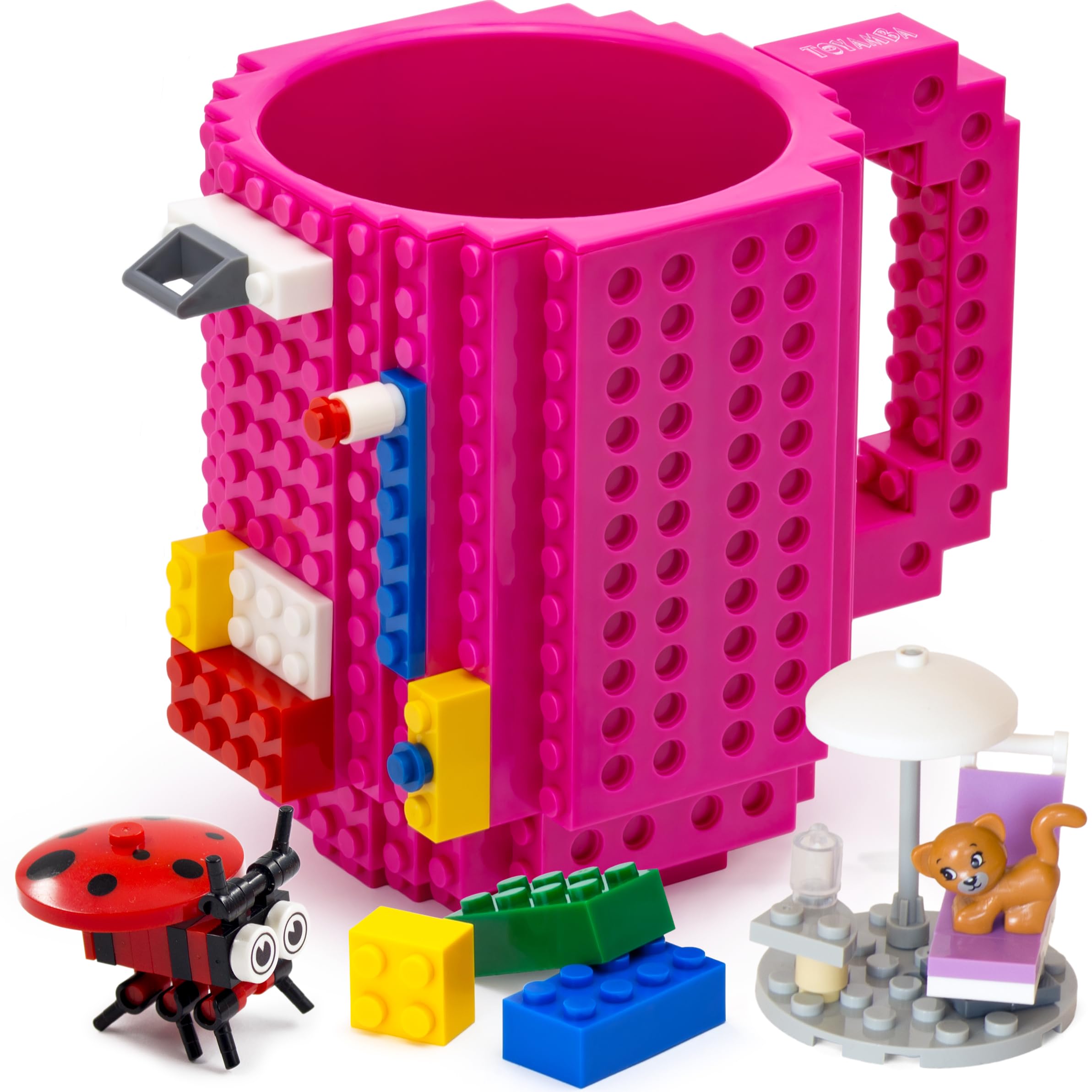 TOYAMBA Build-on Brick Mug 16oz BPA-Free Plastic with 3 Building Bricks, Magenta – Creative DIY Building Block Cup