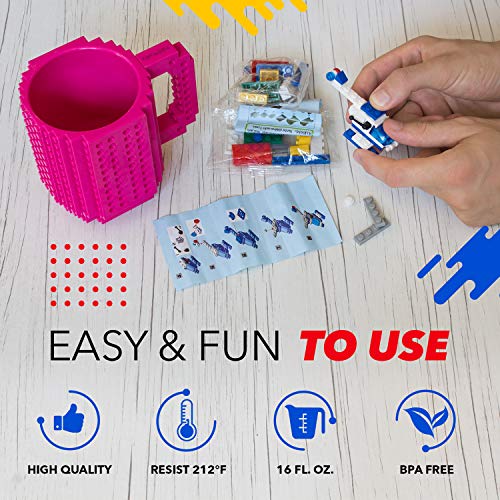 TOYAMBA Build-on Brick Mug 16oz BPA-Free Plastic with 3 Building Bricks, Magenta – Creative DIY Building Block Cup