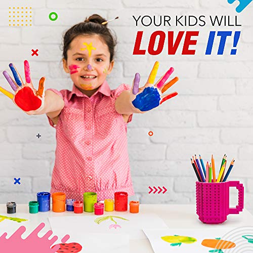 TOYAMBA Build-on Brick Mug 16oz BPA-Free Plastic with 3 Building Bricks, Magenta – Creative DIY Building Block Cup