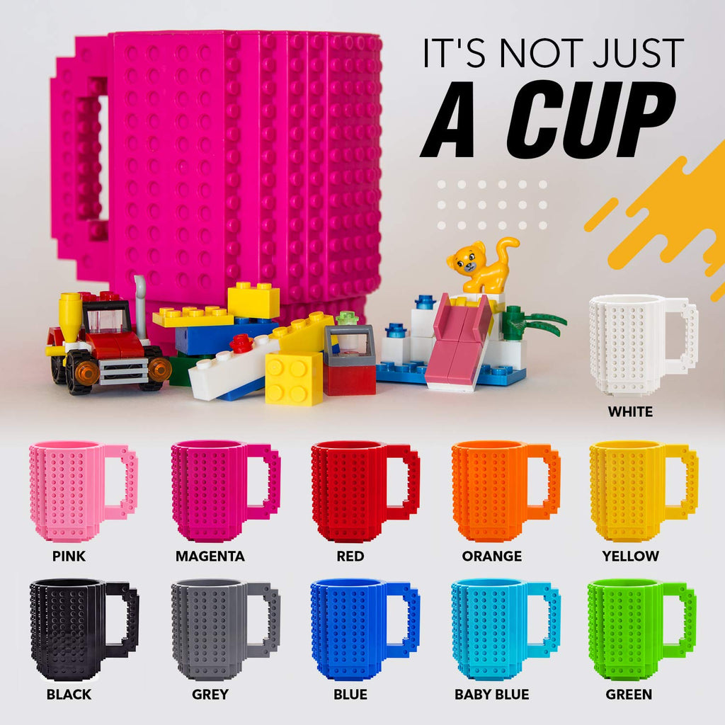 TOYAMBA Build-on Brick Mug 16oz BPA-Free Plastic with 3 Building Bricks, Magenta – Creative DIY Building Block Cup