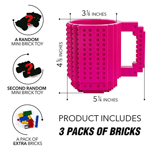 TOYAMBA Build-on Brick Mug 16oz BPA-Free Plastic with 3 Building Bricks, Magenta – Creative DIY Building Block Cup