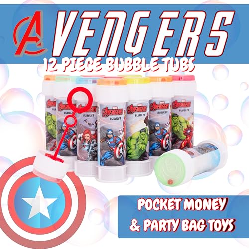Toyland Avengers Bubble Tubs (Pack of 12) – 2 fl oz Each, Hypoallergenic Solution, Maze Lid & Dual-Hole Wand