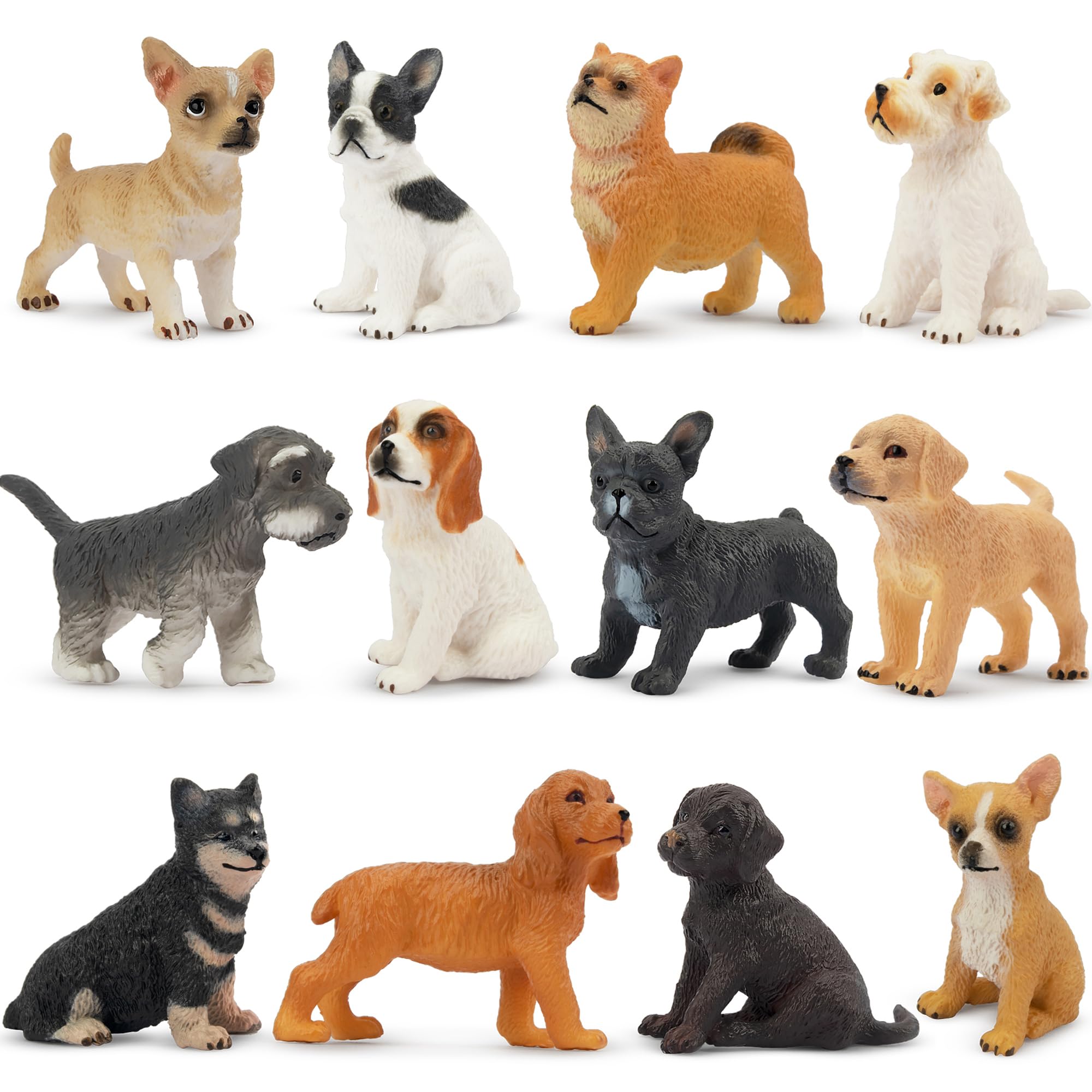 Toymany 12PCS Mini Dog Figurines – Hand-Painted Plastic Puppies, 6 Breeds, Cake Toppers for Kids 3+