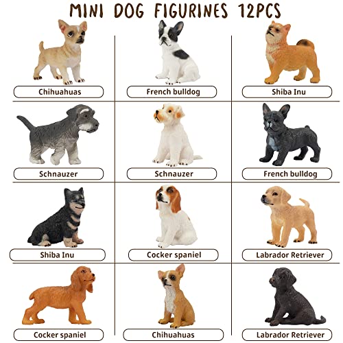 Toymany 12PCS Mini Dog Figurines – Hand-Painted Plastic Puppies, 6 Breeds, Cake Toppers for Kids 3+