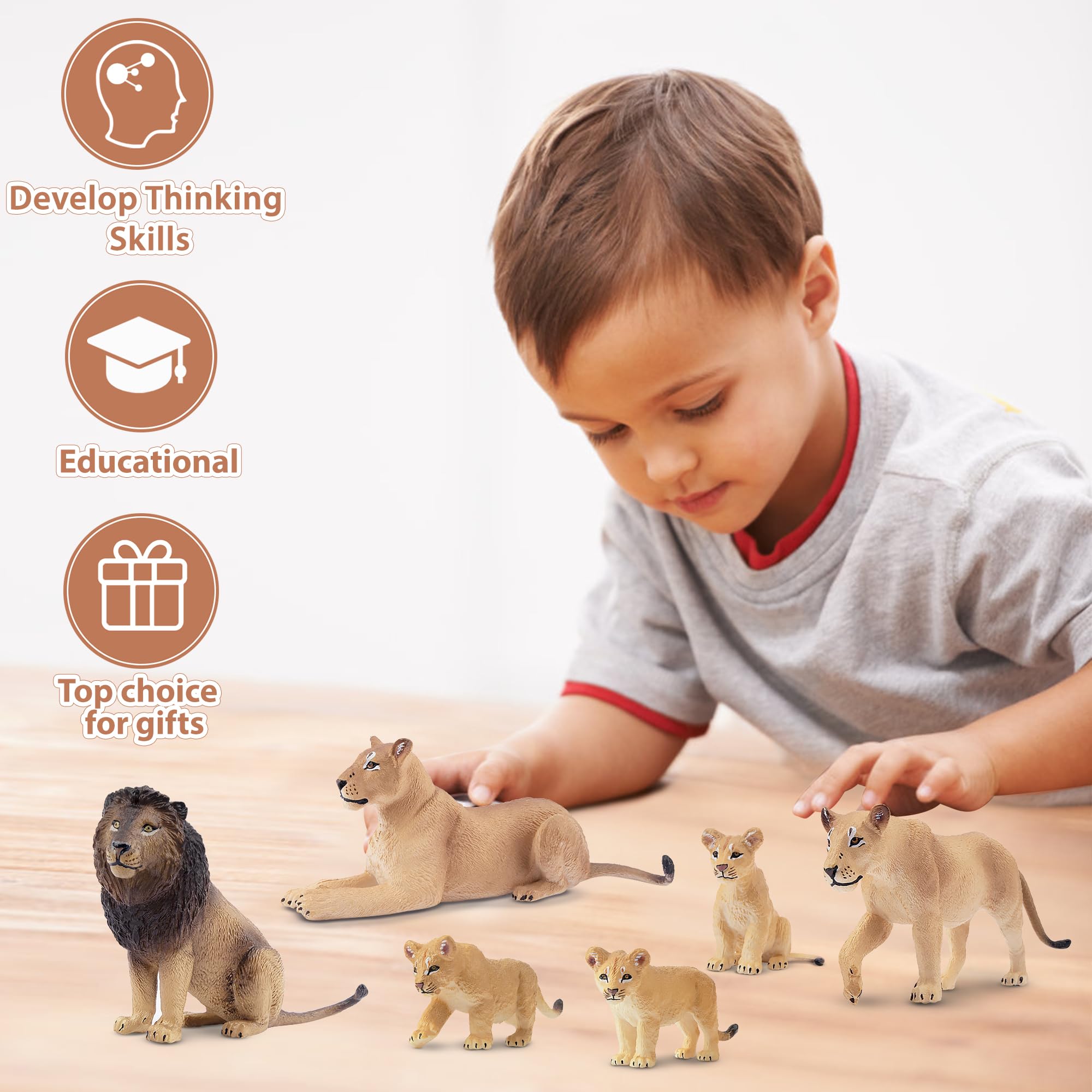 Toymany 6-Piece Lion Family Figurines – Realistic Safari Animals Set with Lion, Lionesses, and Cubs