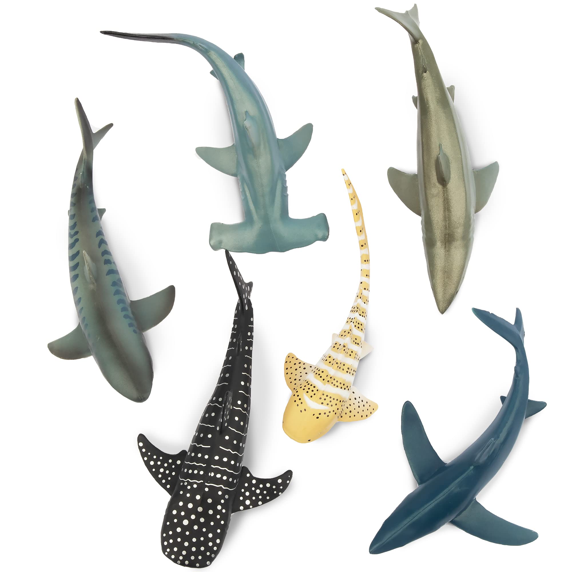 Toymany 6-Piece Realistic Shark Figurines – 5-6 Inch Plastic Ocean Animals, Includes Great White, Hammerhead, and More, for Kids' Bath or Cake Decor