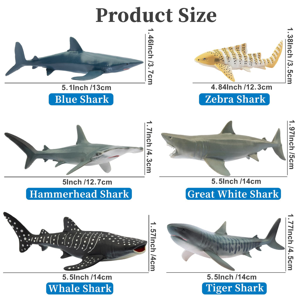 Toymany 6-Piece Realistic Shark Figurines – 5-6 Inch Plastic Ocean Animals, Includes Great White, Hammerhead, and More, for Kids' Bath or Cake Decor