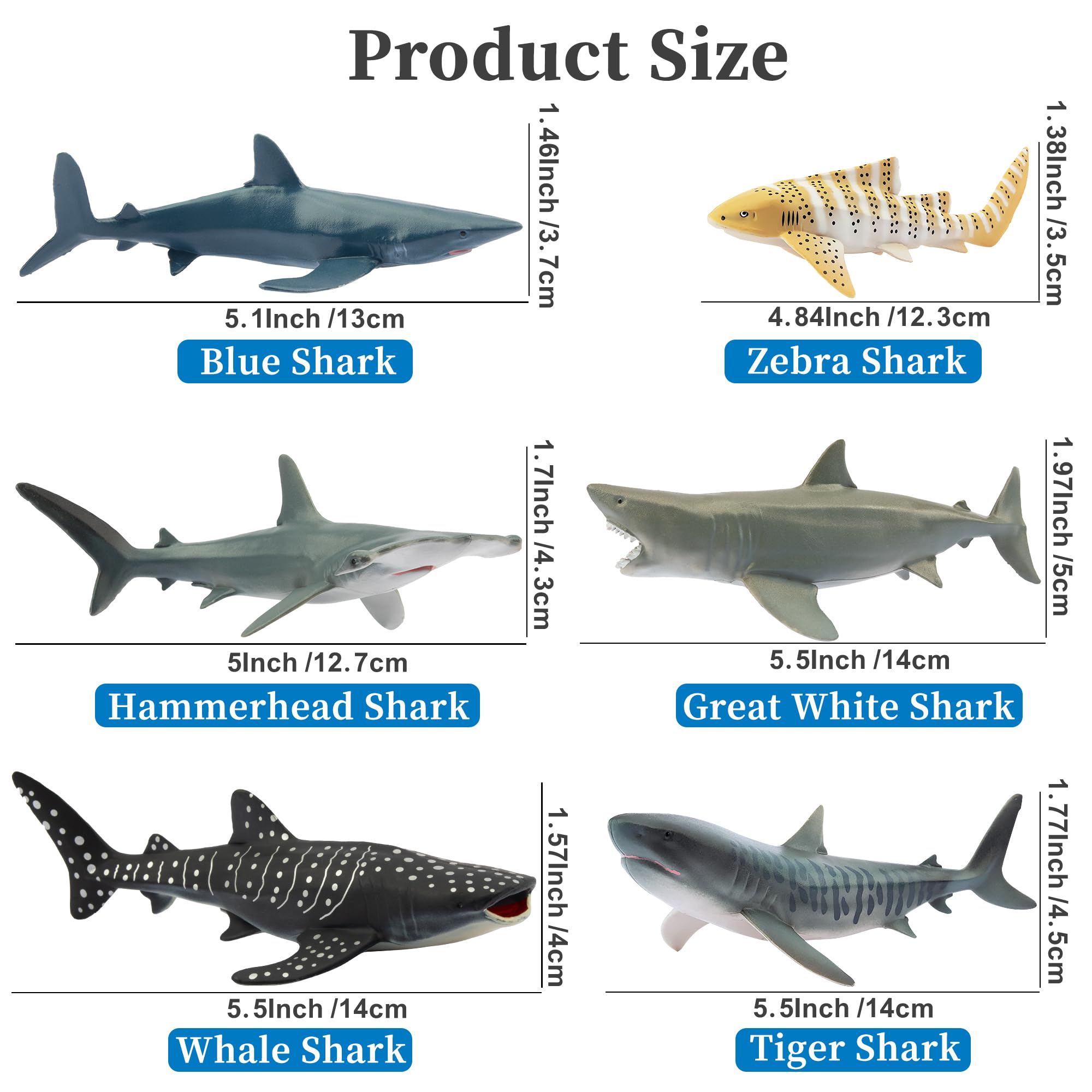 Toymany 6-Piece Realistic Shark Figurines – 5-6 Inch Plastic Ocean Animals, Includes Great White, Hammerhead, and More, for Kids' Bath or Cake Decor