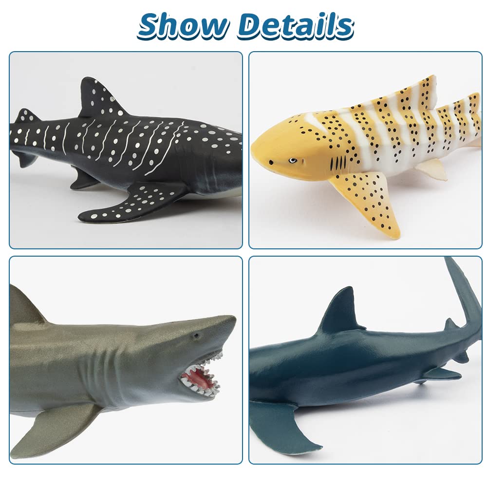 Toymany 6-Piece Realistic Shark Figurines – 5-6 Inch Plastic Ocean Animals, Includes Great White, Hammerhead, and More, for Kids' Bath or Cake Decor