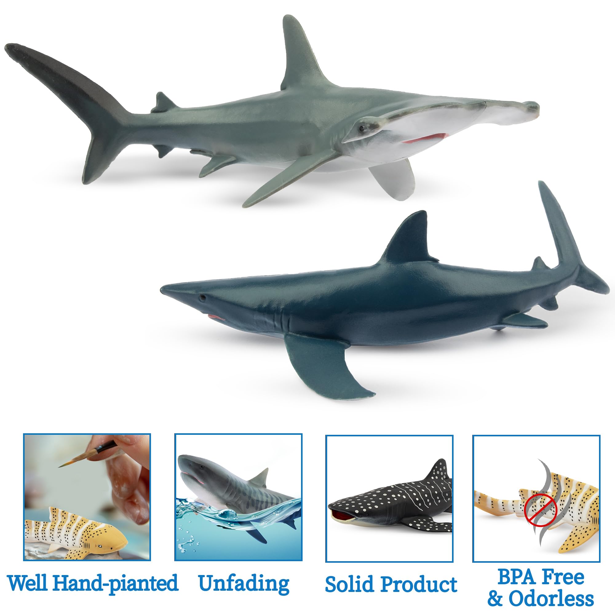 Toymany 6-Piece Realistic Shark Figurines – 5-6 Inch Plastic Ocean Animals, Includes Great White, Hammerhead, and More, for Kids' Bath or Cake Decor