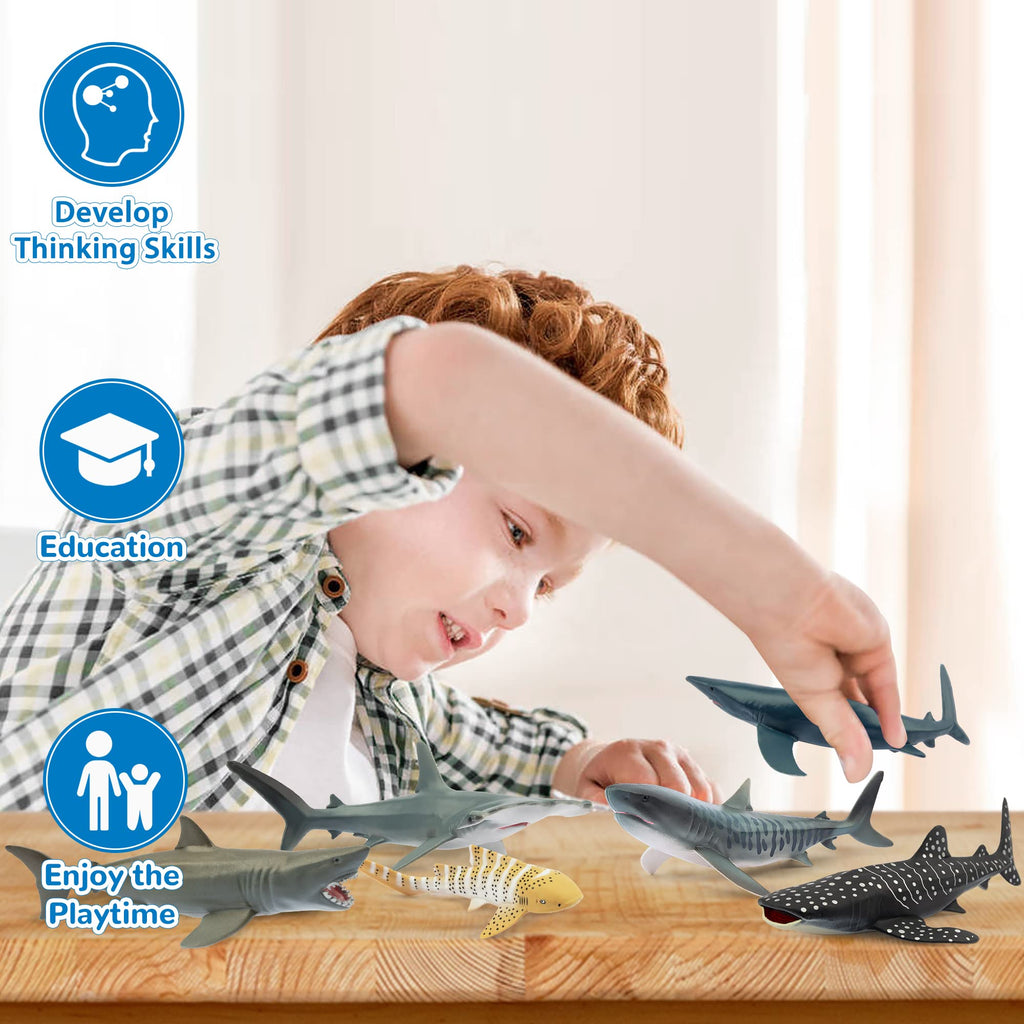 Toymany 6-Piece Realistic Shark Figurines – 5-6 Inch Plastic Ocean Animals, Includes Great White, Hammerhead, and More, for Kids' Bath or Cake Decor