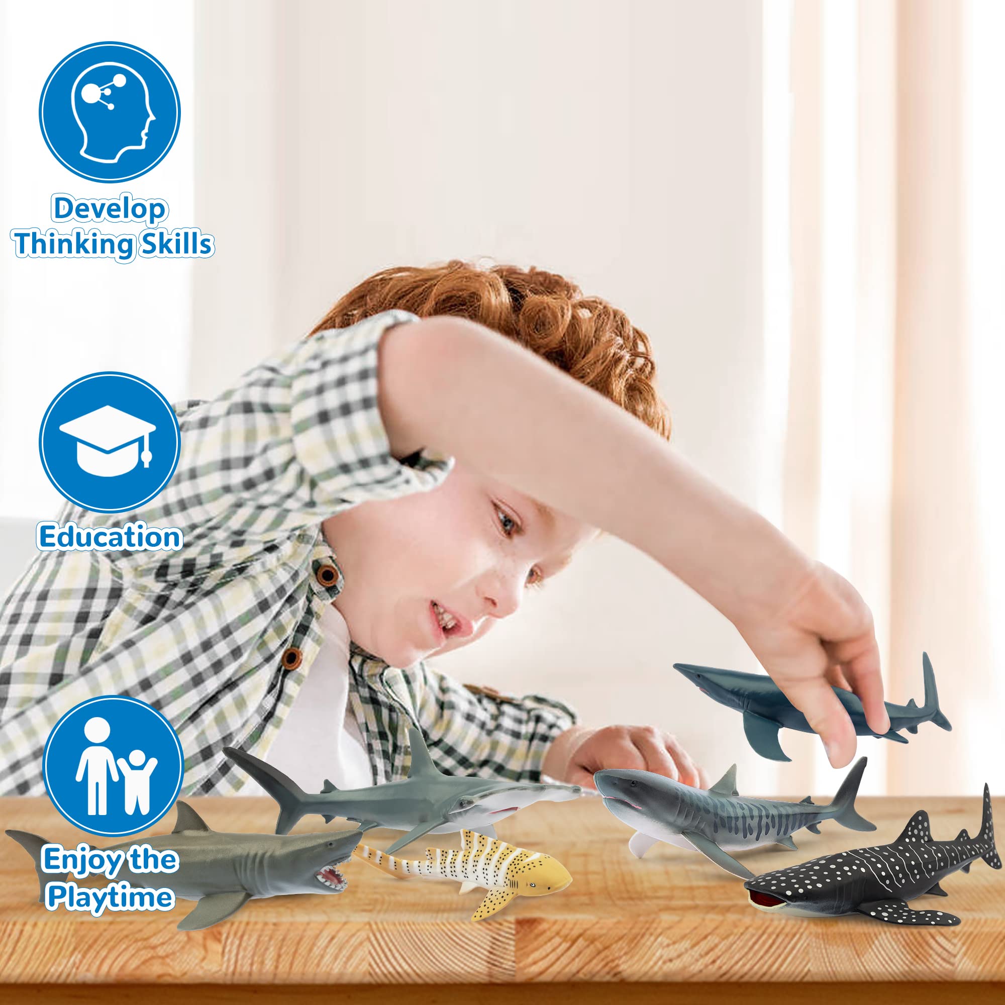 Toymany 6-Piece Realistic Shark Figurines – 5-6 Inch Plastic Ocean Animals, Includes Great White, Hammerhead, and More, for Kids' Bath or Cake Decor