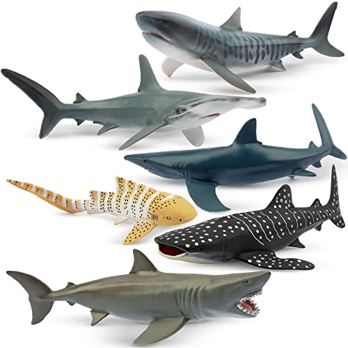 Toymany 6-Piece Realistic Shark Figurines – 5-6 Inch Plastic Ocean Animals, Includes Great White, Hammerhead, and More, for Kids' Bath or Cake Decor