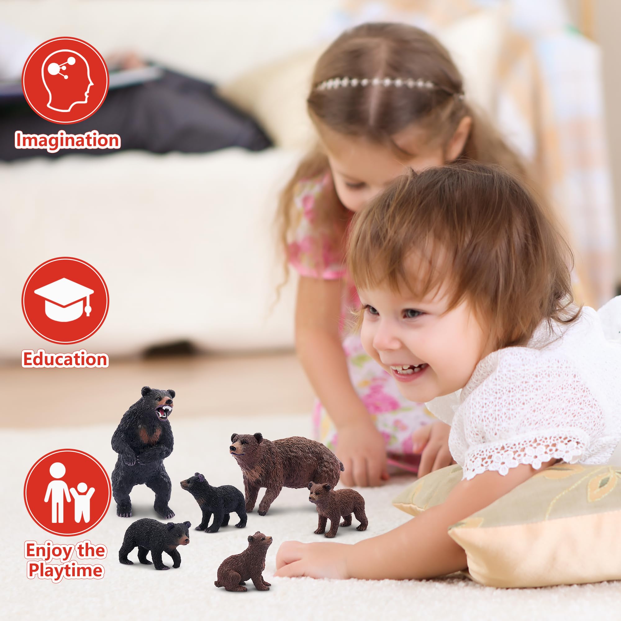 Toymany 6PCS Bear Figurines - Realistic Forest Animal Family Set for Kids