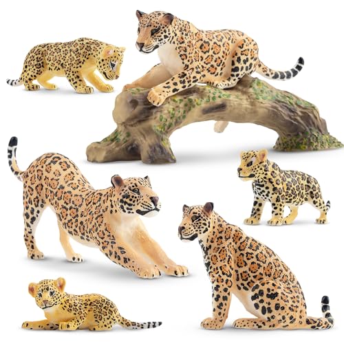 Toymany 7-Piece Leopards Family Figurines with Cubs and Tree Trunk – Realistic Jungle Animal Playset for Kids