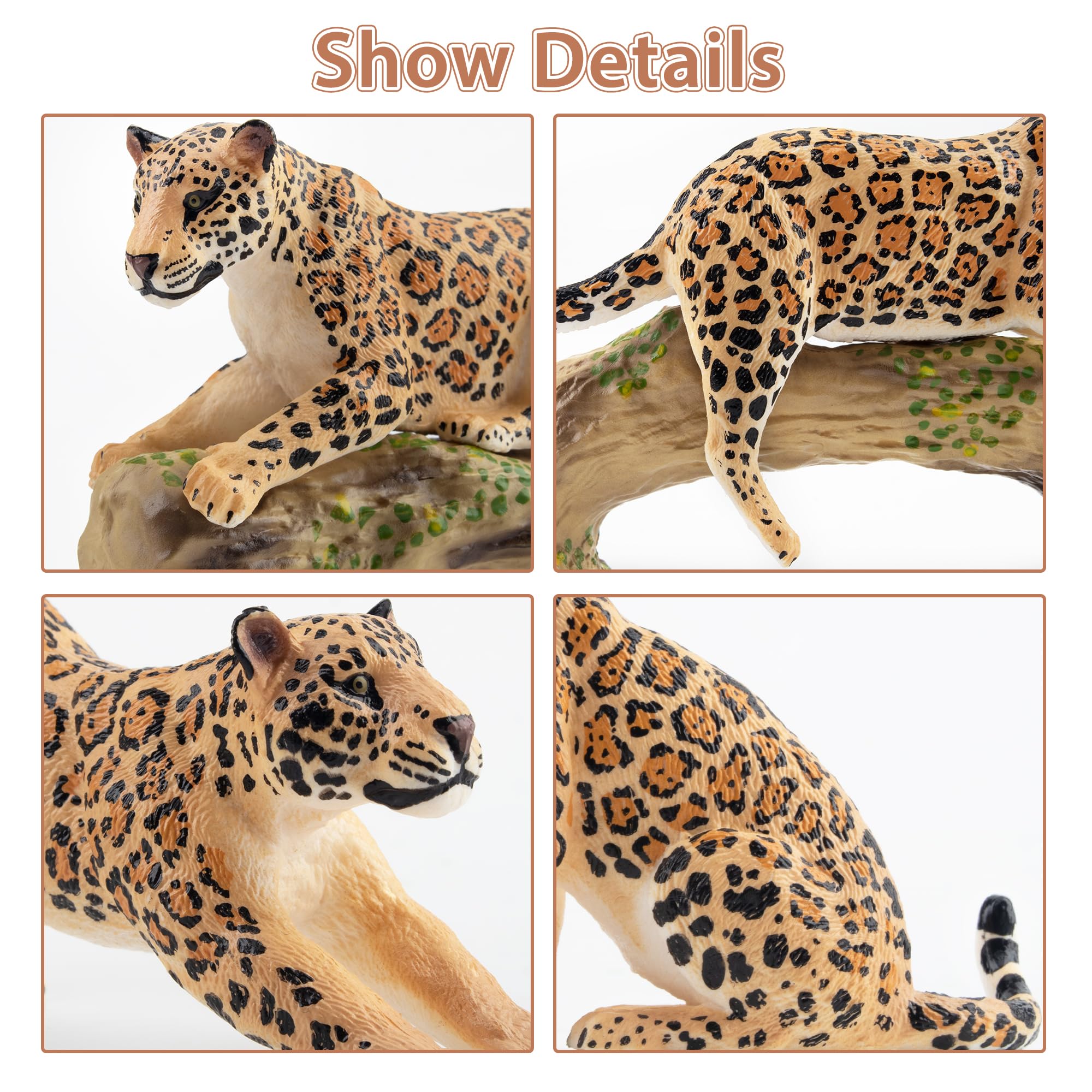 Toymany 7-Piece Leopards Family Figurines with Cubs and Tree Trunk – Realistic Jungle Animal Playset for Kids